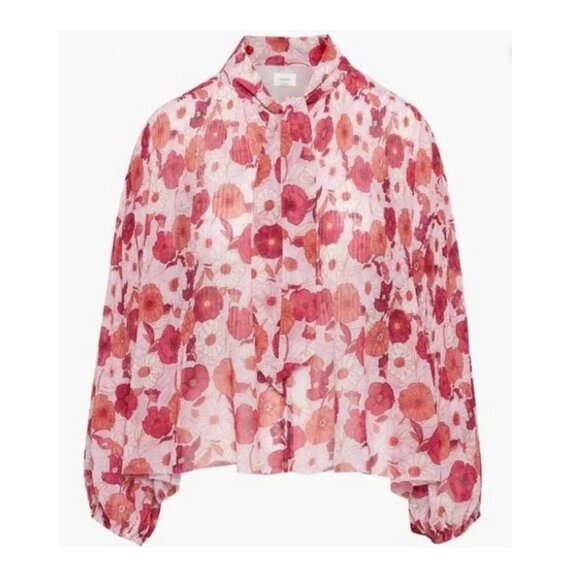 Rare Aritzia Wilfred Barbara Blouse Pleated Chiffon Balloon Sleeve Pussy Bow Top - Picture 2 of 9